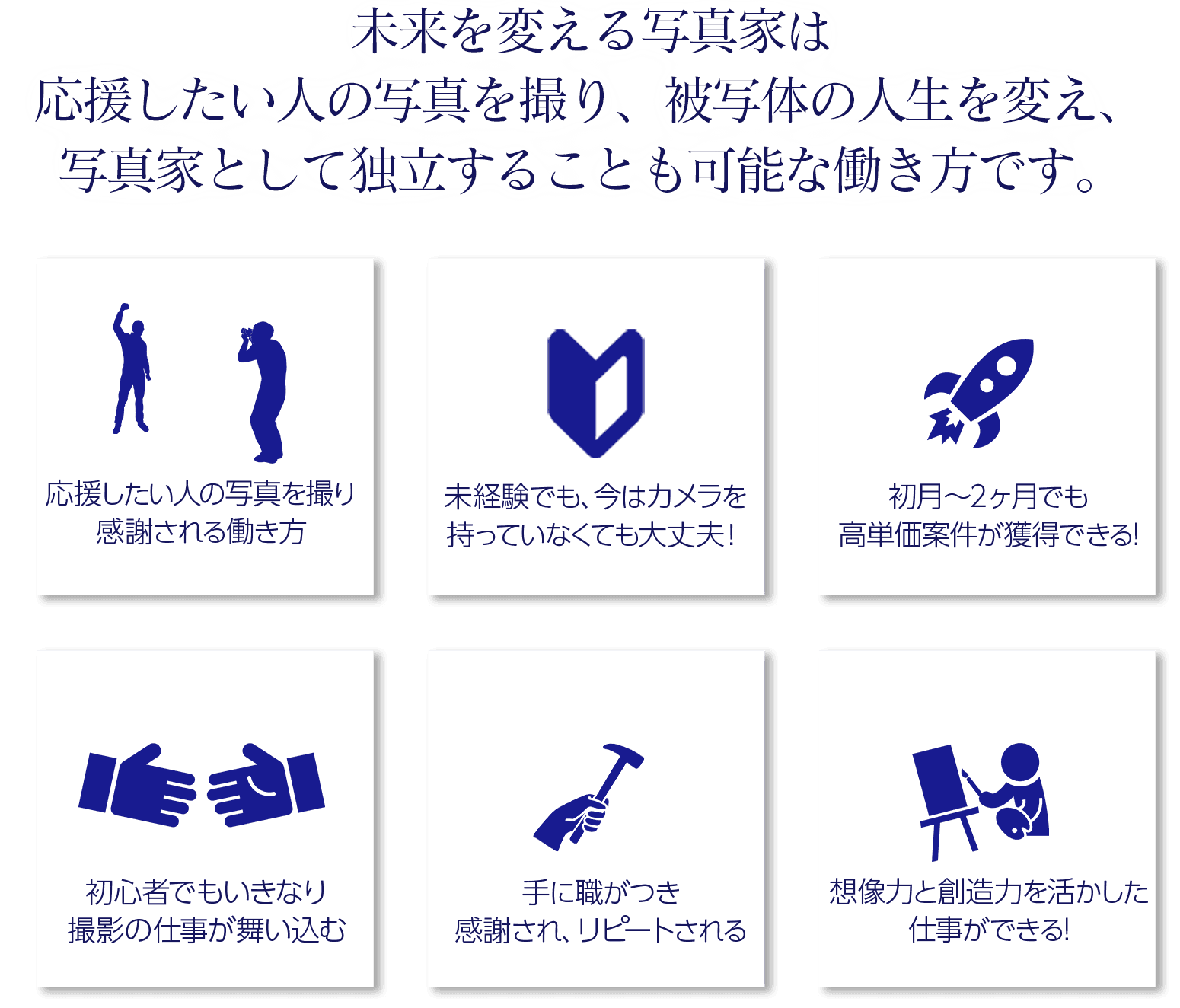 未来を変える写真家とは、応援したい人の写真を撮り、被写体の人生を変え、写真家として独立することも可能な働き方です。